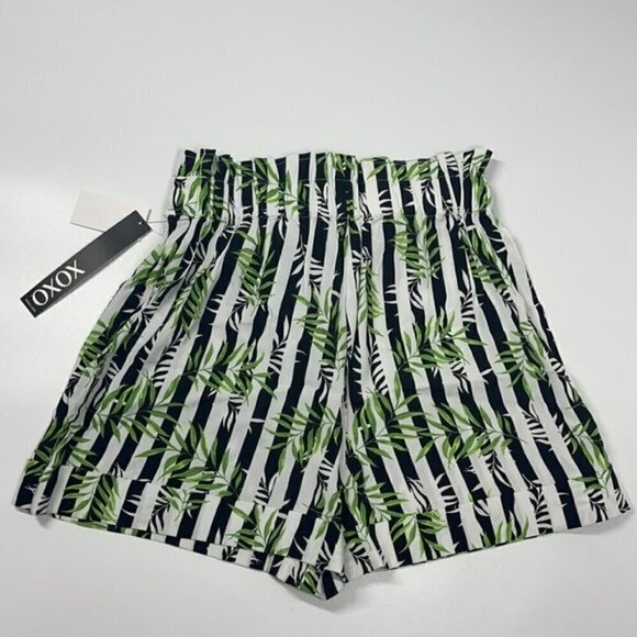 NWT xoxo Stripe & Leaves Print High Rise Paper Bag Style Shorts w Tie Waist S - Picture 3 of 11